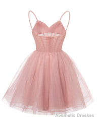 Womens V Neck Tulle Spaghetti Straps Homecoming Dresses with Corset Back Short Prom Gowns for Teens