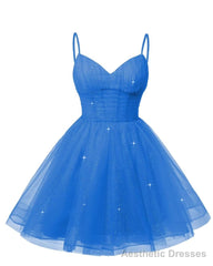 Womens V Neck Tulle Spaghetti Straps Light Royal Blue Homecoming Dresses with Corset Back Short Prom Gowns for Teens