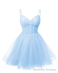 Womens V Neck Tulle Spaghetti Straps Sky Blue Homecoming Dresses with Corset Back Short Prom Gowns for Teens