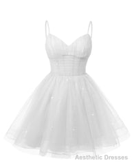 Womens V Neck Tulle Spaghetti Straps White Homecoming Dresses with Corset Back Short Prom Gowns for Teens