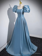 Blue Puff Sleeve Satin Floor Length Prom Dress, Blue A-Line Evening Party Dress