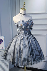 Gray Short Strapless Tulle Prom Dress, Cute A-Line Party Dress