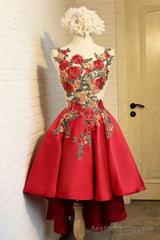 A Line Red Appliques Lace High Low Lace Up Satin Scoop Homecoming Dresses