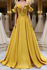 Yellow A-line Satin Long Evening Prom Dresses, Yellow Formal Dresses