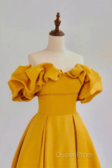 Yellow A-Line Satin Off Shoulder Long Party Dresses, Yellow Formal Dresses Evening Dresses