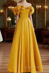Yellow A-Line Satin Off Shoulder Long Party Dresses, Yellow Formal Dresses Evening Dresses