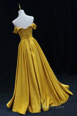 Yellow A-Line Simple Satin Off Shoulder Evening Prom Dresses, Yellow Satin Formal Dresses
