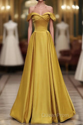 Yellow A-Line Simple Satin Off Shoulder Evening Prom Dresses, Yellow Satin Formal Dresses