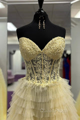 Yellow A-Line Strapless Multi-Layers Sweetheart Tulle Beaded Long Evening Prom Dresses With Slit