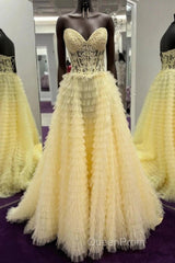 Yellow A-Line Strapless Multi-Layers Sweetheart Tulle Beaded Long Evening Prom Dresses With Slit