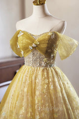 Yellow Floral Tulle Knee Length Evening Prom Dresses, Lovely A-Line Evening Party Dresses