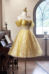 Yellow Floral Tulle Knee Length Evening Prom Dresses, Lovely A-Line Evening Party Dresses