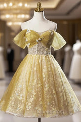 Yellow Floral Tulle Knee Length Evening Prom Dresses, Lovely A-Line Evening Party Dresses