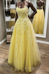 Yellow Lace Backless A Line Long Evening Prom Dresses Open Back Formal Dresses Yellow Evening Dresses