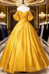 Yellow Off Shoulder Satin Long Evening Prom Dresses Quinceanera Dresses