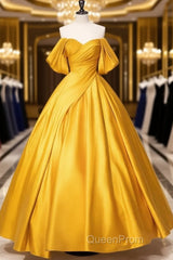 Yellow Off Shoulder Satin Long Evening Prom Dresses Quinceanera Dresses