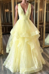 Yellow Evening Prom Dresses A Line Deep V Neck Light Long Party Evening Dresses with Ruffles