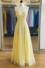 Yellow Evening Prom Dresses, A-line Sweetheart Spaghetti Straps Long/Floor-Length Tulle Evening Prom Dresses With Pleated Glitter