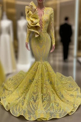 Yellow Robe De Soiree Mermaid Long Sleeves Appliques Sequins Long Evening Prom Dresses Evening Prom Gown Evening Dresses