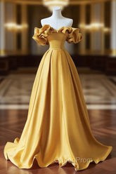 Yellow Saitn Long Evening Prom Dresses, Off Shoulder Evening Party Dresses