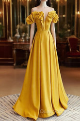 Yellow Satin A-Line Sweetheart Off Shoulder Party Dresses, Yellow Long Evening Prom Dresses