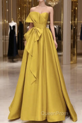 Yellow Satin Long Evening Prom Dresses, Yellow Evening Dresses
