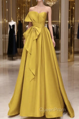 Yellow Satin Long Evening Prom Dresses, Yellow Evening Dresses