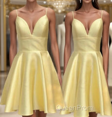 Yellow Satin Short Graduation Evening Prom Dresses ,Spaghetti Straps Homecoming Dresses