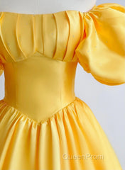 Yellow Satin Short Sleeves Party Dresses, Yellow Satin Evening Prom Dresses Formal Dresses