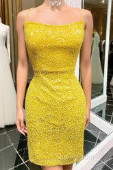 Yellow Sequins Backless Short Homecoming Dresses