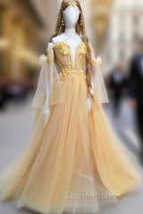 Yellow Sweetheart Tulle Lace Long Evening Prom Dresses Yellow Evening Dresses