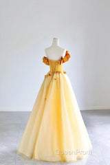 Yellow Tulle Applique Long Evening Prom Dresses, Off The Shoulder Sleeveless Backless Long Formal Evening Dresses
