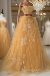 Yellow tulle lace long Evening Prom Dresses, yellow tulle formal Dresses