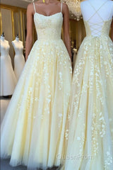 Yellow tulle lace long Evening Prom Dresses, yellow tulle lace formal Dresses