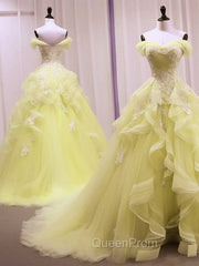 Yellow Tulle With Lace Sweetheart Long Evening Dresses, Yellow Tulle Evening Prom Dresses