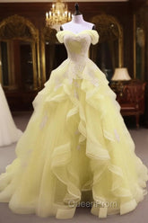 Yellow Tulle With Lace Sweetheart Long Evening Dresses, Yellow Tulle Evening Prom Dresses