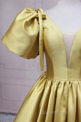 Yellow V-Neck Satin Long Evening Prom Dresses, A-Line Puff Sleeves Evening Party Dresses