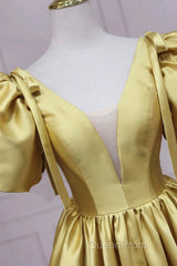 Yellow V-Neck Satin Long Evening Prom Dresses, A-Line Puff Sleeves Evening Party Dresses