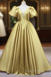 Yellow V-Neck Satin Long Evening Prom Dresses, A-Line Puff Sleeves Evening Party Dresses