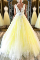 Yellow v neck tulle lace long Evening Prom Dresses yellow formal Dresses