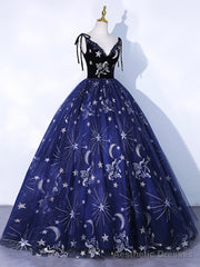 Navy Blue Tulle Long Prom Dress, Spaghetti Straps Lace Flower Backless Evening Dress