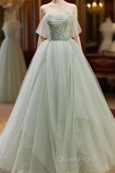 Zoom Light Green Tulle Beaded Sweetheart Long Evening Prom Dresses, A-Line Green Formal Dresses