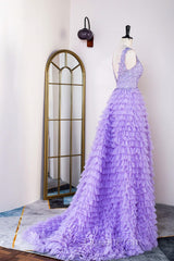 Lavender Plunging V Neck Appliques Layers Long Evening Prom Dresses with Slit