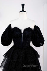 Saprkly Black Off-Shoulder Puff Sleeves Layers Long Evening Prom Dresses