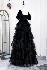 Saprkly Black Off-Shoulder Puff Sleeves Layers Long Evening Prom Dresses