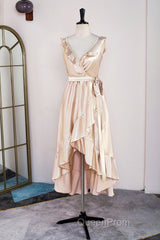 Champagne Ruffled Faux-Wrapped A-line Hi-Low Bridesmaid Dresses with Sash