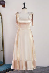 Champagne Bow Tie Straps A-line Satin Tea-Length Bridesmaid Dresses