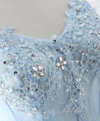 Light Blue Tulle Lace Long Evening Prom Dresses, Formal Dresses