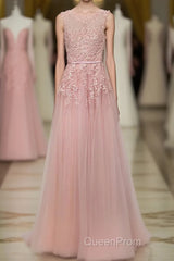 Pink Lace Tulle Long A Line Evening Prom Dresses, Pink Evening Dresses, 1