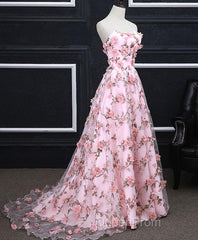Pink Tulle 3D Flowers Long Evening Prom Dresses, Pink Evening Dresses